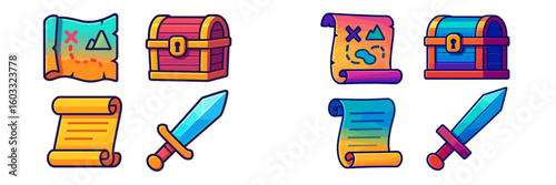 Colorful treasure map and chest icons depicting adventure themes for games and storytelling purposes