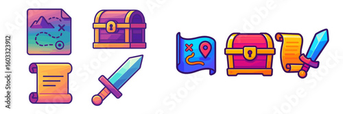Colorful treasure hunt icons featuring map, chest, sword, and scroll elements for adventure games