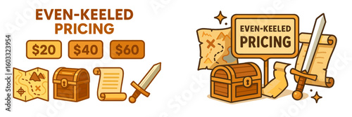 Pricing chart depicting options for treasure maps and swords in a fantasy adventure theme