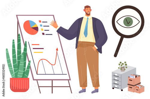 Businessman presenting data on flipchart with graphs and charts. Includes magnifying glass, plant, file cabinets. Ideal for business analysis, presentation, office, strategy, research teamwork