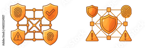 Network security symbols illustrating digital protection measures with shields, fingerprints, and alerts in a modern design