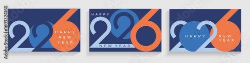 Set greetings cards for celebrating 2026 New Year.Elegant minimalistic posters,banners for happy event with big numbers of new year on blue background.Template for design,flyer,web.Vector illustration