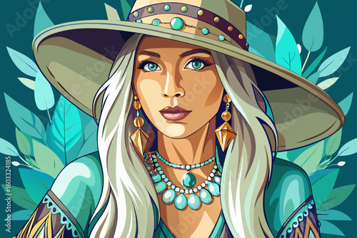 vector of Bohemian chic woman in straw hat decorated with silver turquoise jewelry in hippie style of a woman in a beautiful frame.