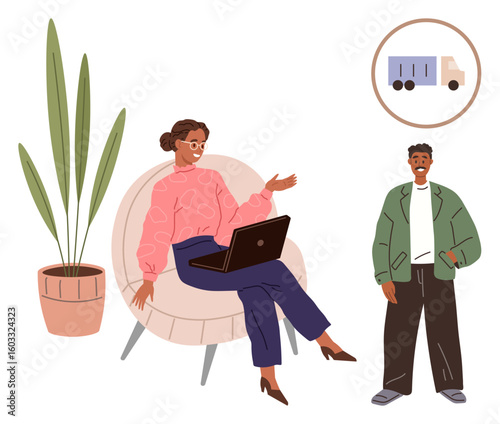 Woman seated with a laptop engaging in discussion while a man stands nearby, framed by a plant and truck icon. Ideal for collaboration, teamwork, online work, delivery, logistics, informal