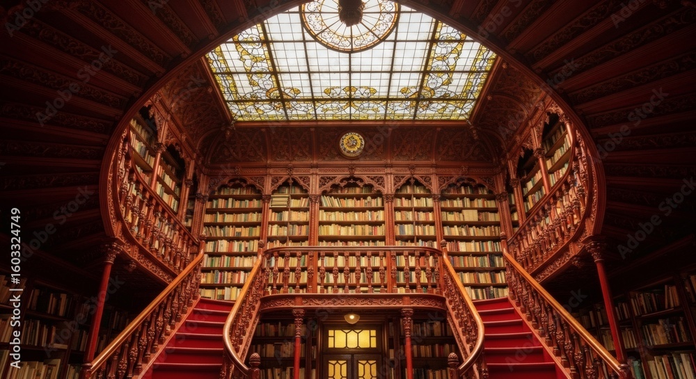 Obraz premium Interior of a Historic Bookstore with Ornate Red Staircase in Porto, Portugal