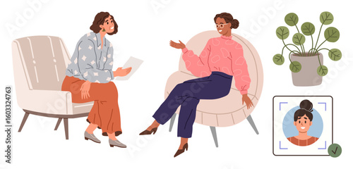 Two women in casual conversation, seated on modern chairs near a plant, with a profile picture displayed digitally. Ideal for teamwork, communication, counseling, HR, meetings, virtual identity flat