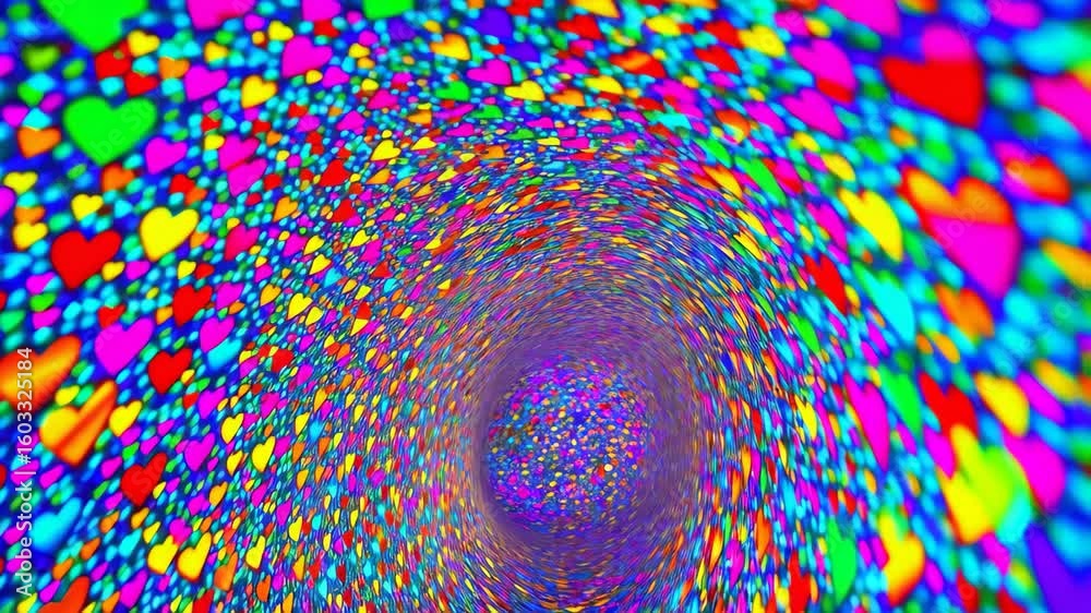 abstract multicolor background tunnel, is made up of many different hearts colors, creating vibrant effect. Colorful bright backdrop for design of your projects. concept of love and Valentine's day