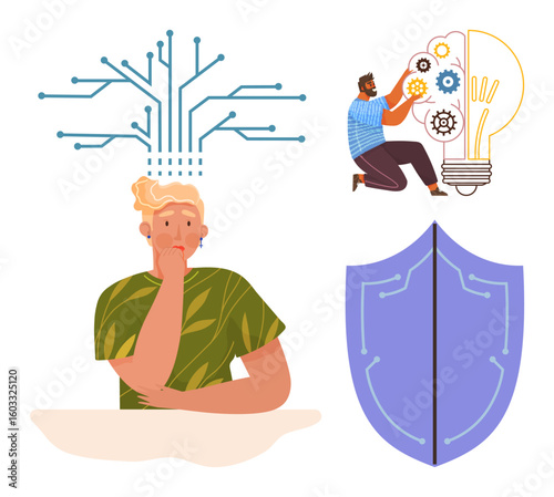 Female pondering with digital circuit above her head, man adjusting gear-filled lightbulb, and shield icon. Ideal for technology, creativity, problem-solving, innovation, cybersecurity, teamwork
