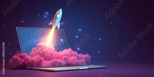 Laptop screen displays rocket launching from pink smoke, symbolizing fast growth, innovation, and digital success, ideal for tech startup concepts