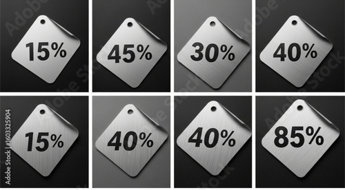Collection of eight square stickers displaying various percentage values on a grayscale background design