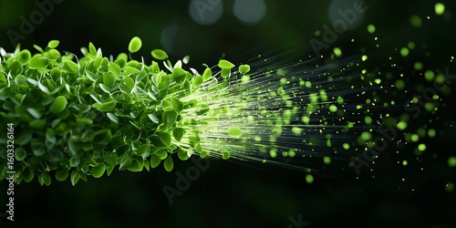 An abstract visualization of biomass energy, depicting green plant matter transforming into vibrant, flowing energy currents, symbolizing the natural cycle of carbon neutrality