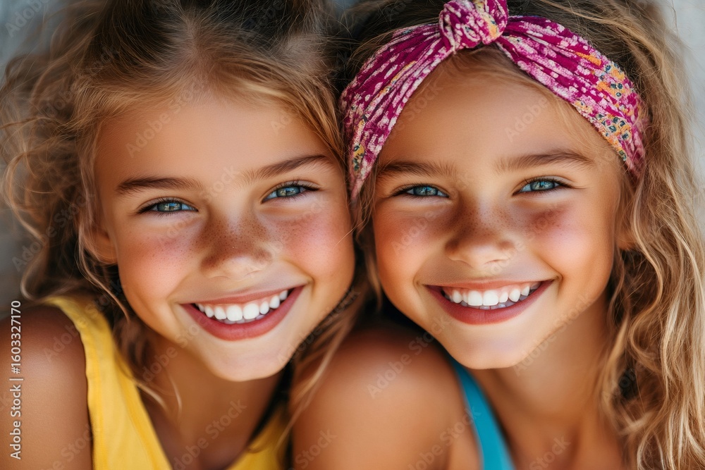 Fototapeta premium Two smiling blonde twin girls showing their perfect teeth