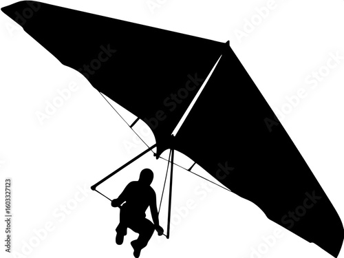 A simplified black silhouette of a hang glider, with a human figure suspended below a triangular wing. The glider is angled upward and to the right, floating against a solid white background in a pure