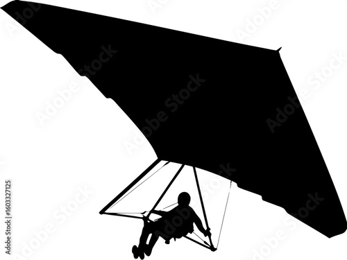 A simplified black silhouette of a hang glider, with a human figure suspended below a triangular wing. The glider is angled upward and to the right, floating against a solid white background in a pure