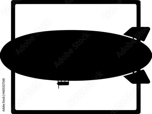 A graphic black silhouette of a blimp or airship, floating horizontally across the center of a white frame. Its body is smooth and oval, with small tail fins and a gondola below. The style is symbolic