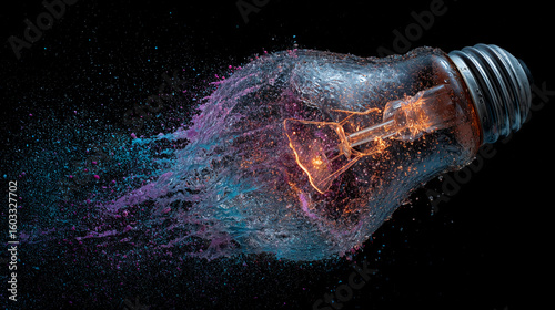 Shattered lightbulb with vibrant blue and purple paint splash, depicting explosive creativity, innovation, or a sudden burst of energy