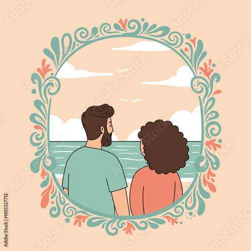 Couple looking at the sea with decorative frame in soft colors  