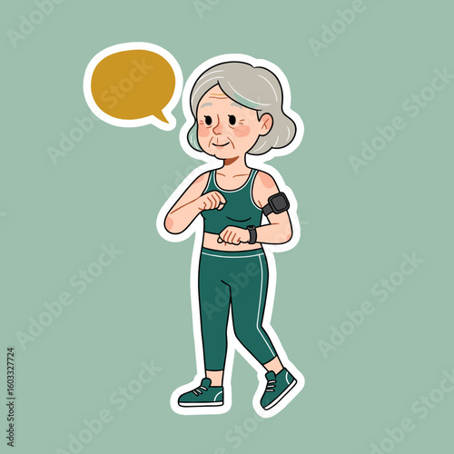 Active elderly woman walking and checking fitness tracker while smiling  