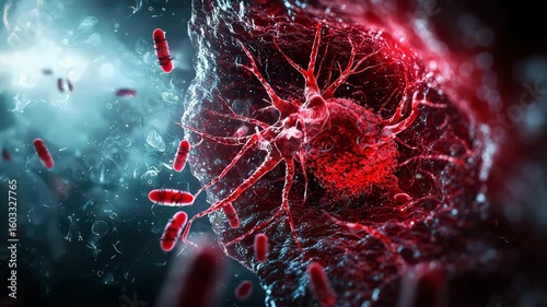 Immune cell attacking bacteria bloodstream microscopic infection immune response with vibrant red color blue color detailed 3d illustration medical