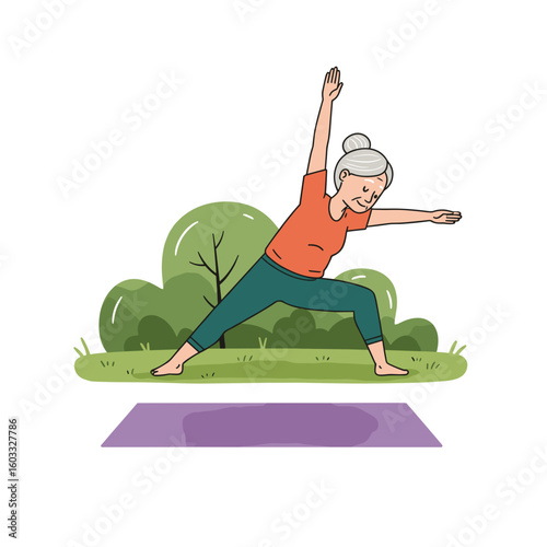 Elderly woman practicing yoga outdoors in green park setting  