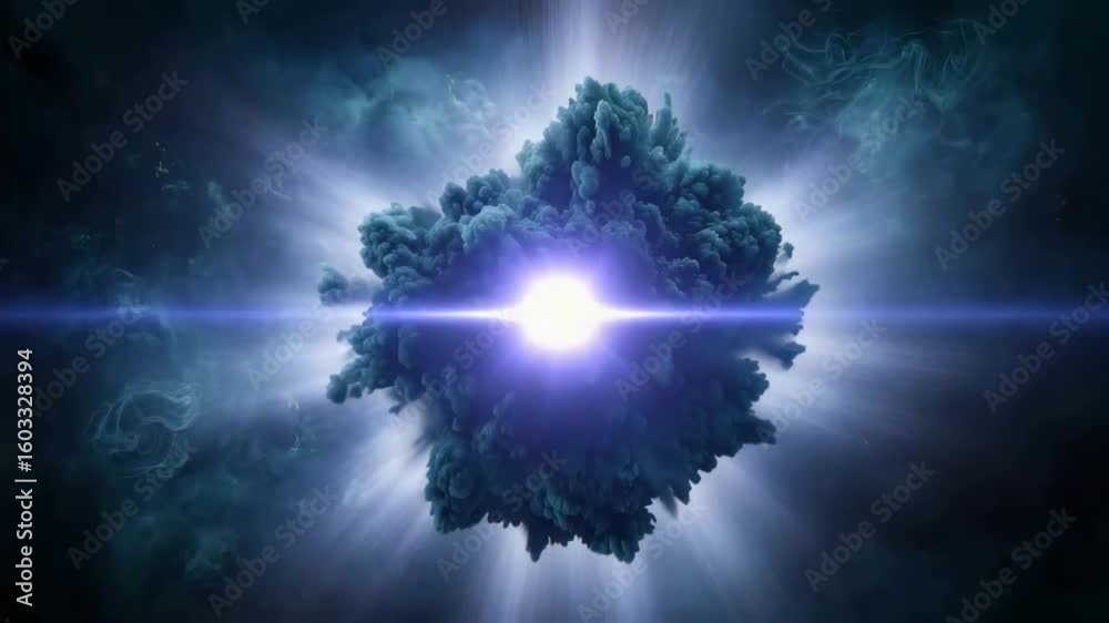 Bright explosion with glowing light rays and thick smoke cloud in dark cosmic space creating powerful and dynamic bright energy burst effect