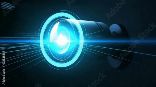 Futuristic camera lens glowing blue light neon digital technology with sleek design capturing clear footage in dark environment security concept