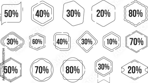 Monochrome Outline Discount Tags and Percentage Labels. Vector Icon Set for Web Banners, Retail, and E-commerce