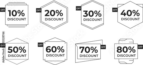 Monochrome Outline Discount Tags and Percentage Labels. Vector Icon Set for Web Banners, Retail, and E-commerce