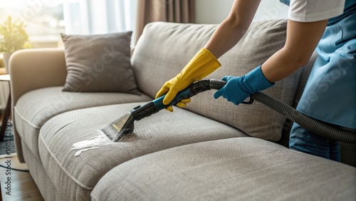 Cleaning Sofa with Vacuum and Gloves