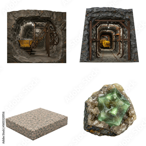 Rare earth minerals and mine tunnels with rock textures for design  