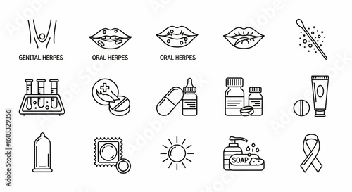 Herpes Virus Line Icon Set – Genital, Oral, Rash, Swab Test, Diagnosis, Medicine, Protection, Hygiene Vector

