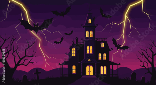 Haunted House with Lightning and Bats Illustration
