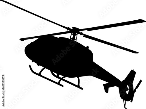 A simple, black silhouette of a helicopter in flight, angled slightly upward and positioned toward the upper left of the frame. The helicopter's rotors are clearly visible, with stylized blades extend