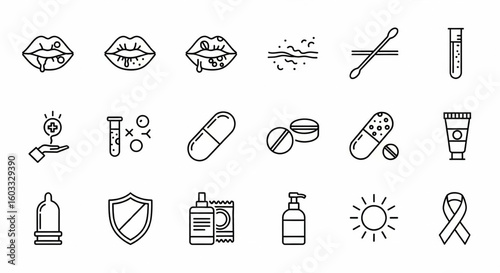 Herpes Virus Line Icon Set – Genital, Oral, Rash, Swab Test, Diagnosis, Medicine, Protection, Hygiene Vector

