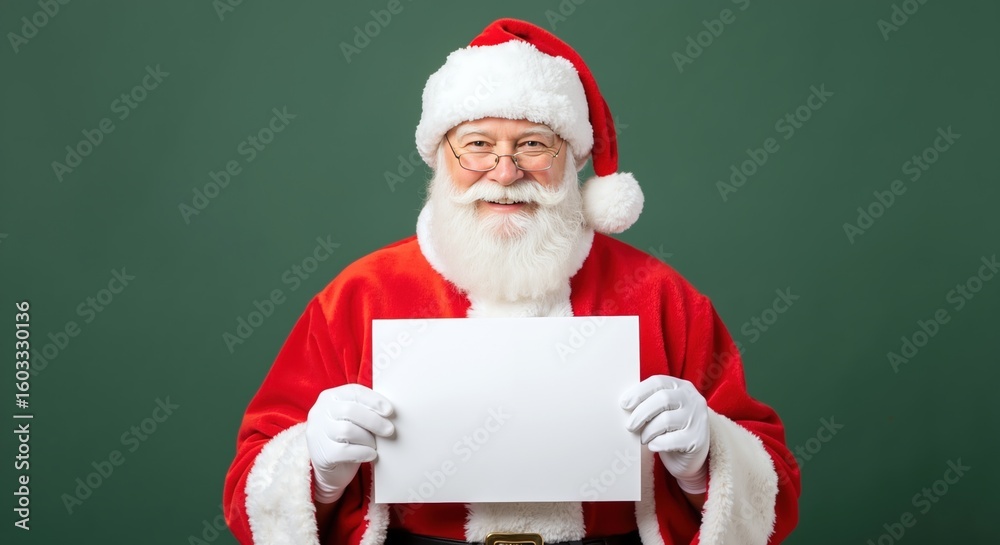 Naklejka premium Santa Claus in red costume holding blank white card on green background. Cheerful bearded man in hat and gloves presenting empty paper. Christmas greeting message concept