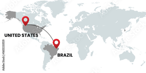 Global Location Map with United States and Brazil, Dotted Line Travel Path Icon for International Business, Global Trade, and Worldwide Travel Routes