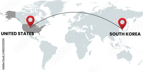 Global Location Map with United States and South Korea, Dotted Line Travel Path Icon for International Business, Global Trade, and Worldwide Travel Routes