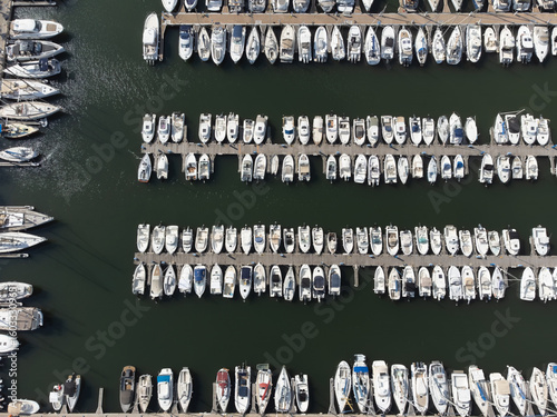 Aerial view on yachts and boats harbour between Collioure and Argeles-sur-mer, Cote Vermeille, Pyrenees-Orientales, Occitania, France, summer vacation destination