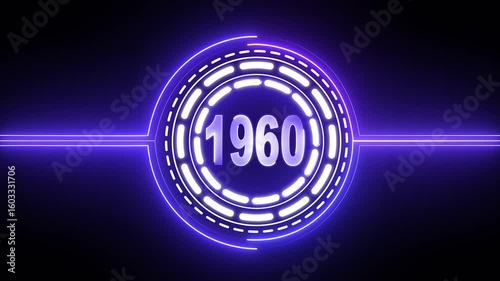 1960 text with screen effects of technological failures. Concept of counting years. Past year technology concept