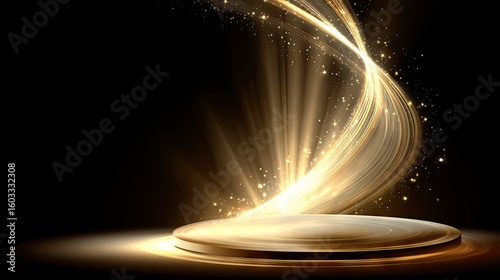Gold stage podium with glowing light effects.
