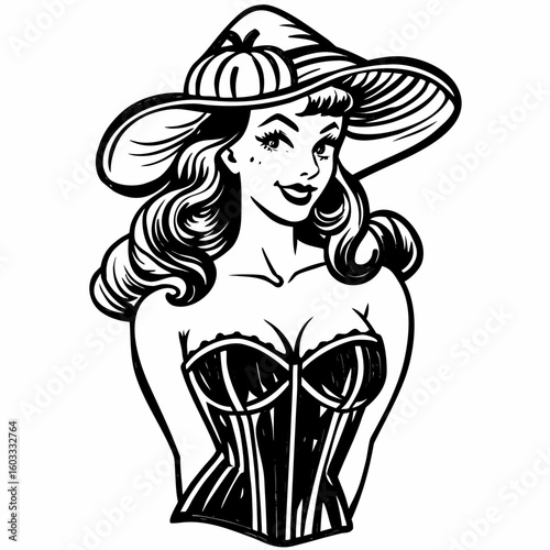 Illustration of a woman in a corset and a witch hat with a pumpkin on it in black and white style created with generated ai