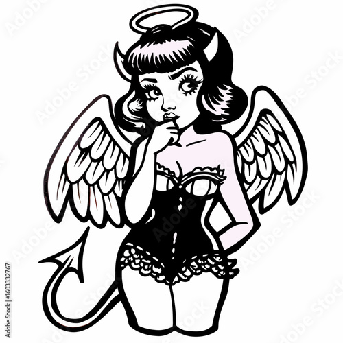 Illustration of a pinup girl with angel wings, devil horns, and a tail in black and white line art created with generated ai