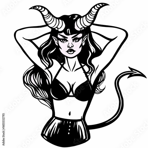 Illustration of a devil woman with horns, tail, and lingerie in black and white line art style created with generated ai