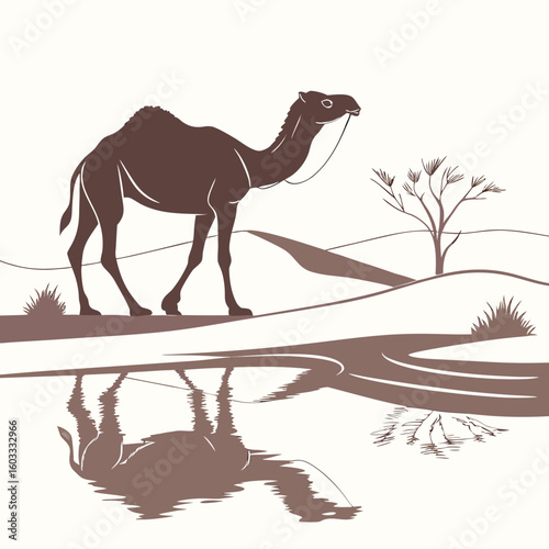 Silhouette of a camel standing in the desert with a reflection in the water in monochrome art created with generated ai