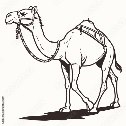 Illustration of a dromedary camel with a saddle and rope halter in black and white style image created with generated ai