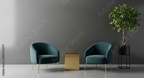 Modern living room with two plush teal armchairs and a golden side table