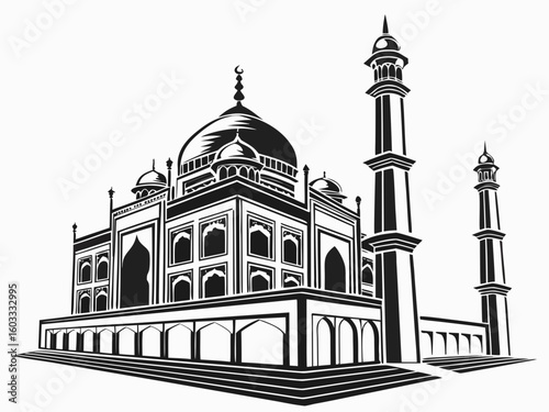 Illustration of the taj mahal with minarets and dome in black and white vector design art style created with generated ai