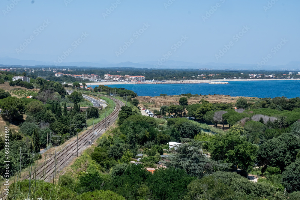 Naklejka premium View on sea, sandy beaches of Argeles-sur-mer near Collioure, Cote Vermeille, Pyrenees-Orientales, Occitania, France, summer vacation destination