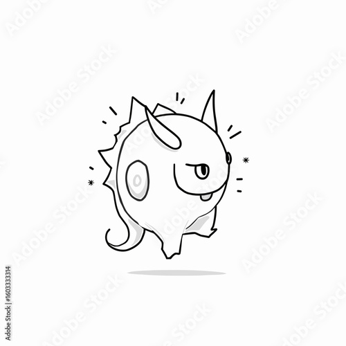 Cartoon character of a cute, round creature with horns, exuding playfulness and energy, in a vibrant design