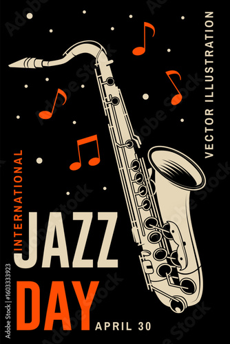 Jazz Day. Poster background template for music festival. Saxophone event flyer design. April 30. International Jazz Day Celebration. Vector illustration.
